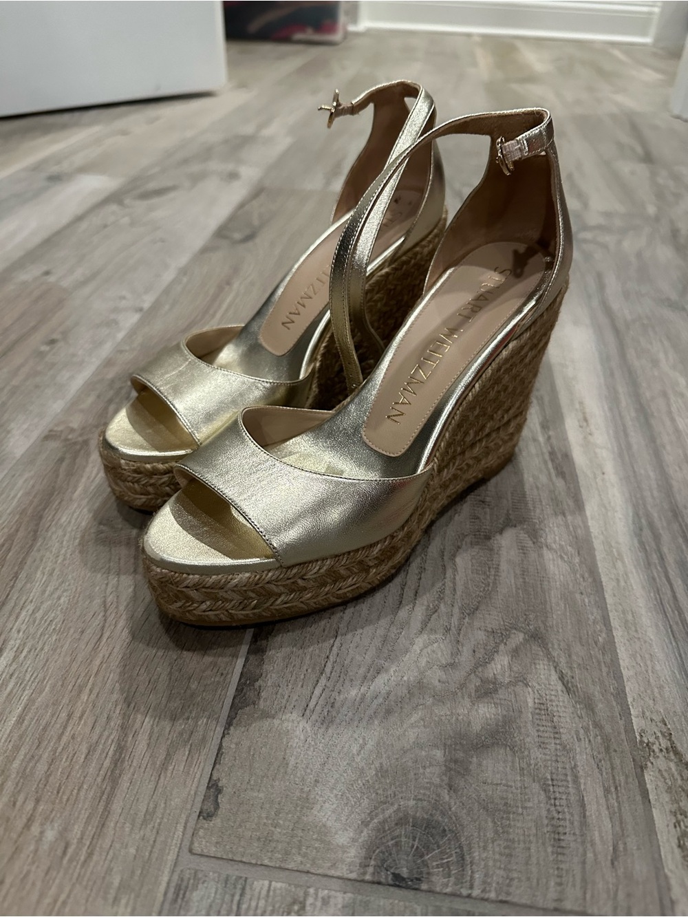 Stuart Weitzman Metallic Gold Espadrille Wedge Sandals